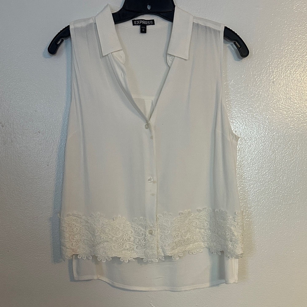 Express Ivory Button-Up Blouse with Floral Lace